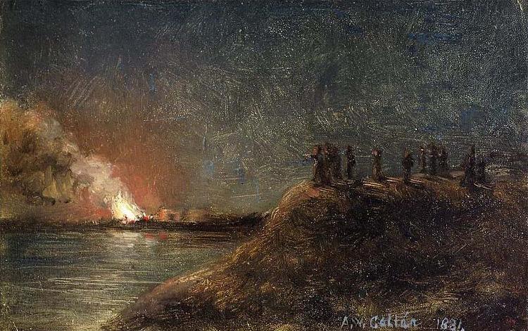 Akseli Gallen-Kallela Tulipalon katselijat pitkansillan rannassa. France oil painting art